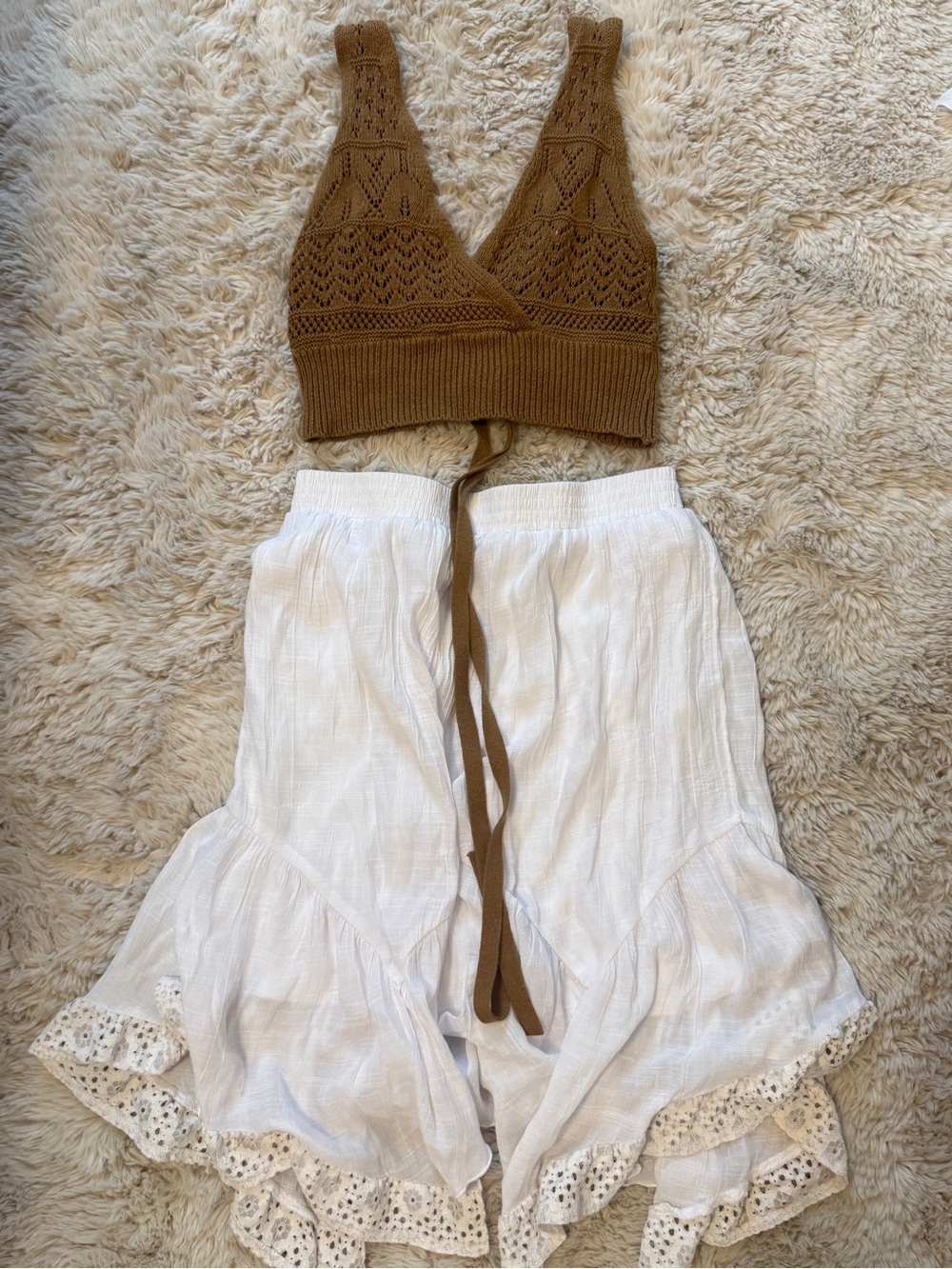 Boho Crochet Knit Top White Ruffle Skirt Set Size S M Cottagecore Festival